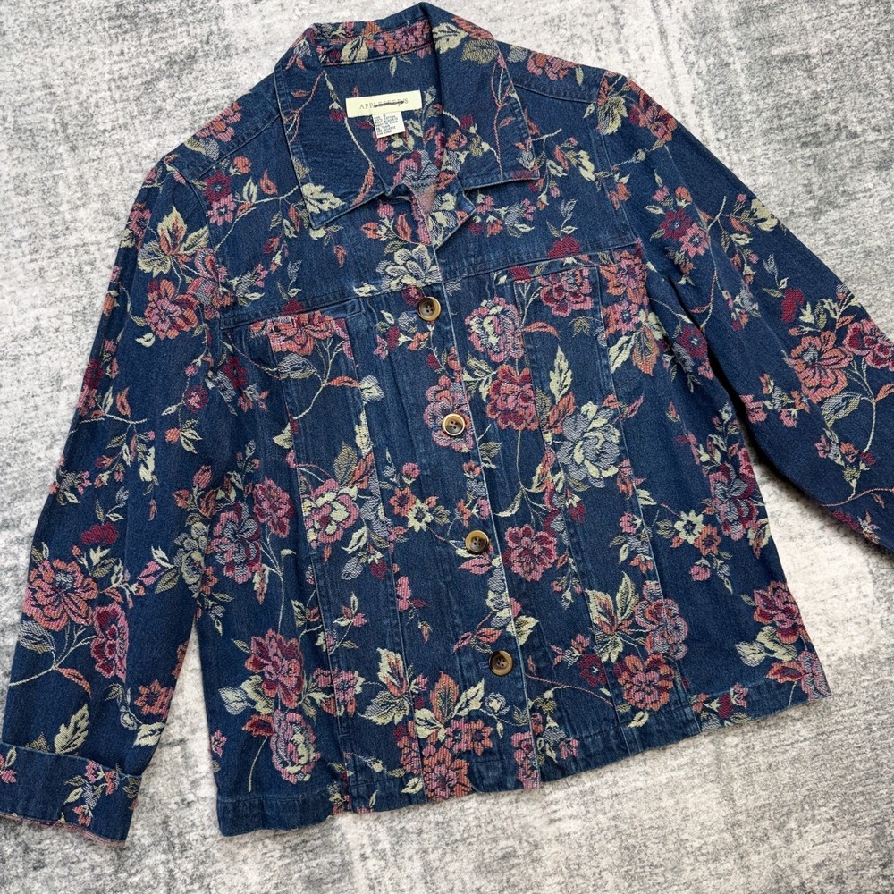 Appleseeds Denim Jacket Womens Small Floral Tapestry Jean Granny Cottage Boho